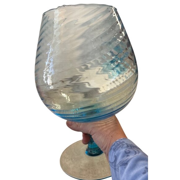 2 Huge 10" HandBlown Aqua Blue Swirl Glass Goblets Vase Centerpiece Empoli Style - Picture 1 of 10